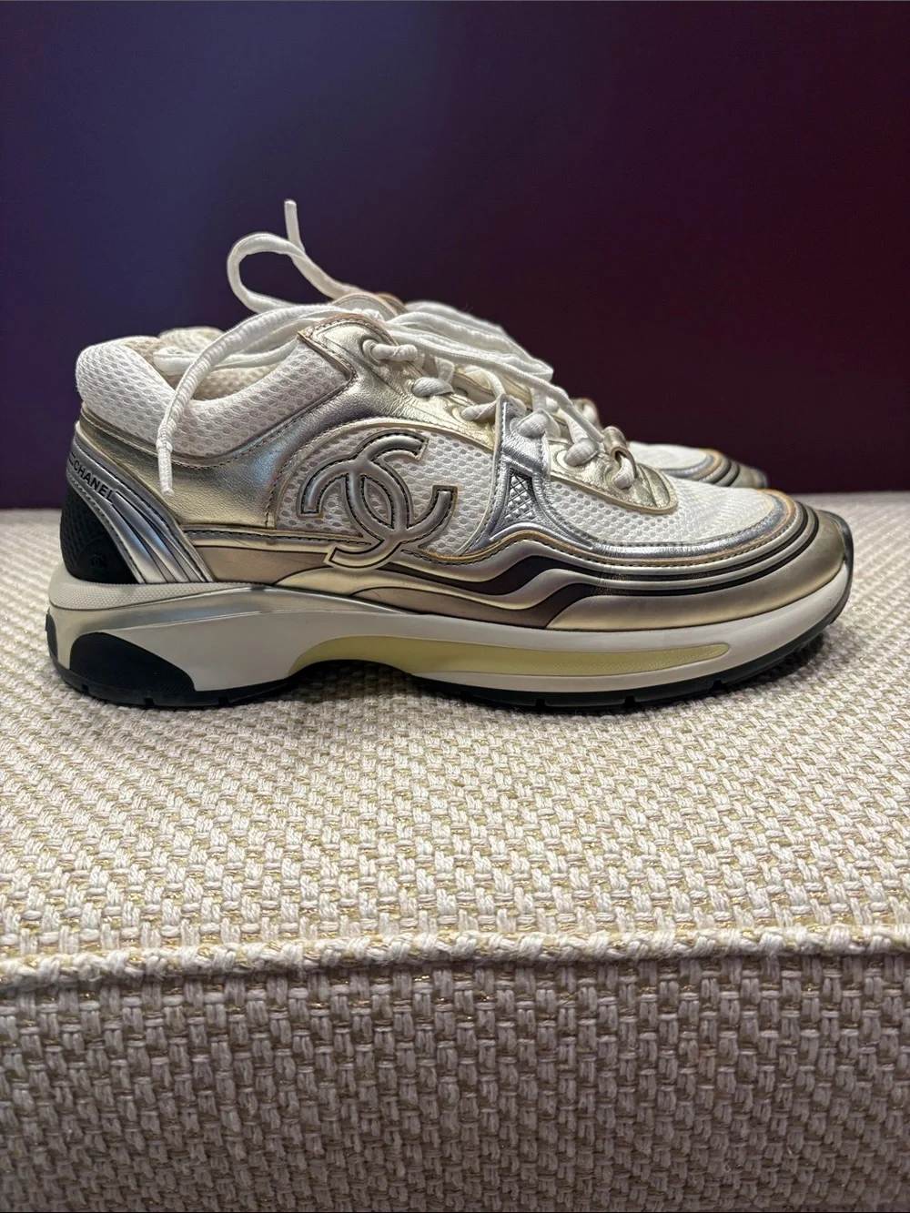 CHANEL Cream and Metallic Silver Low-Top Sneakers
